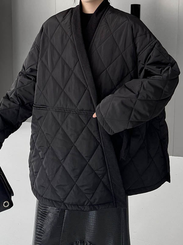 Long Sleeves Loose Plaid Quilted Solid Color Split-Joint Tied Collarless Outerwear Padded Coat