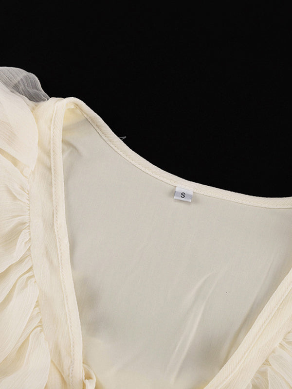 A-Line High Waisted Ruffle Trim Solid Color Tied V-Neck Mini Dresses