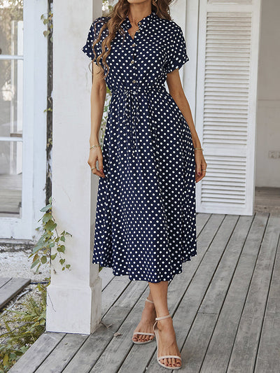 A-Line High Waisted Buttoned Drawstring Polka-Dot V-Neck Midi Dresses