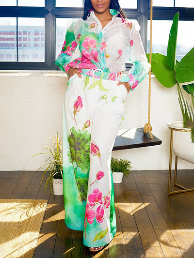 High Waisted Straight Leg Asymmetric Floral Printed Split-Joint Pants Trousers