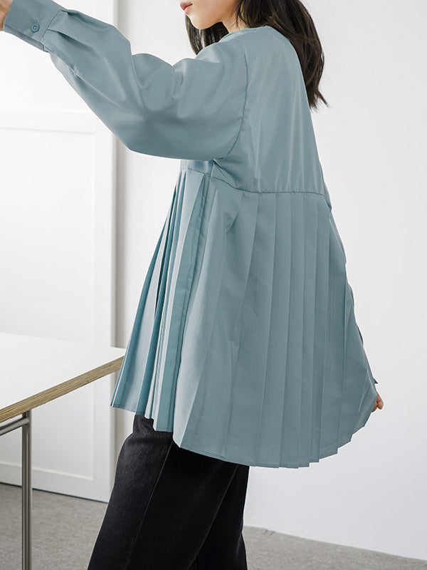 Long Sleeves Loose Buttoned Pleated Solid Color Round-Neck Blouses&Shirts Tops