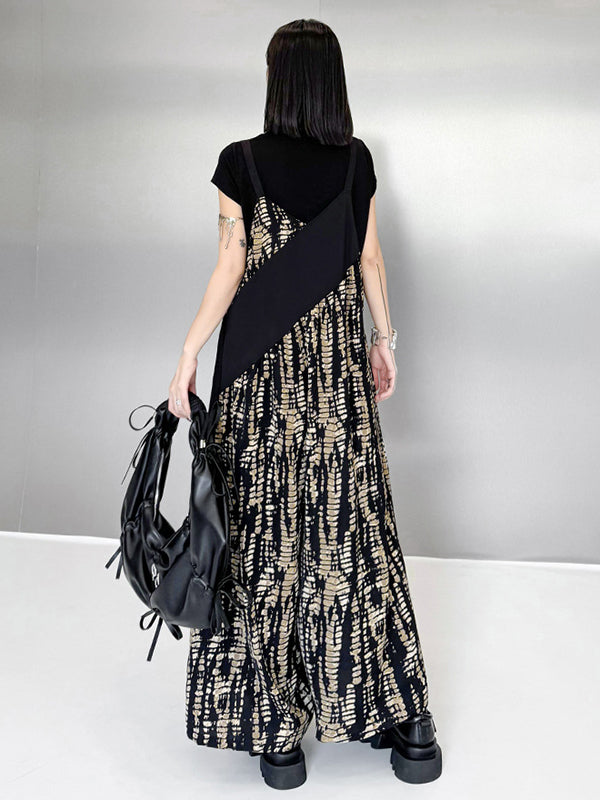 Loose Sleeveless Asymmetric Contrast Color Printed Split-Joint Spaghetti-Neck Overalls
