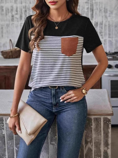 Loose Short Sleeves Split-Joint Striped Round-Neck T-Shirts Tops