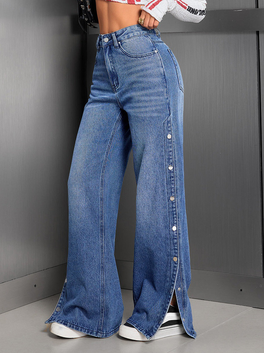 High Waisted Wide Leg Buttoned Pockets Solid Color Jean Pants Bottoms