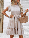 A-Line Loose Buttoned Pleated Polka-Dot Tied Waist Round-Neck Mini Dresses