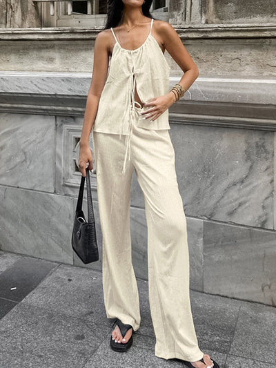 Solid Color Halter-Neck Cropped Pleated Split-Joint Tank Top + High Waisted Elasticity  Tied Waist Pants Trousers Two Pieces Set