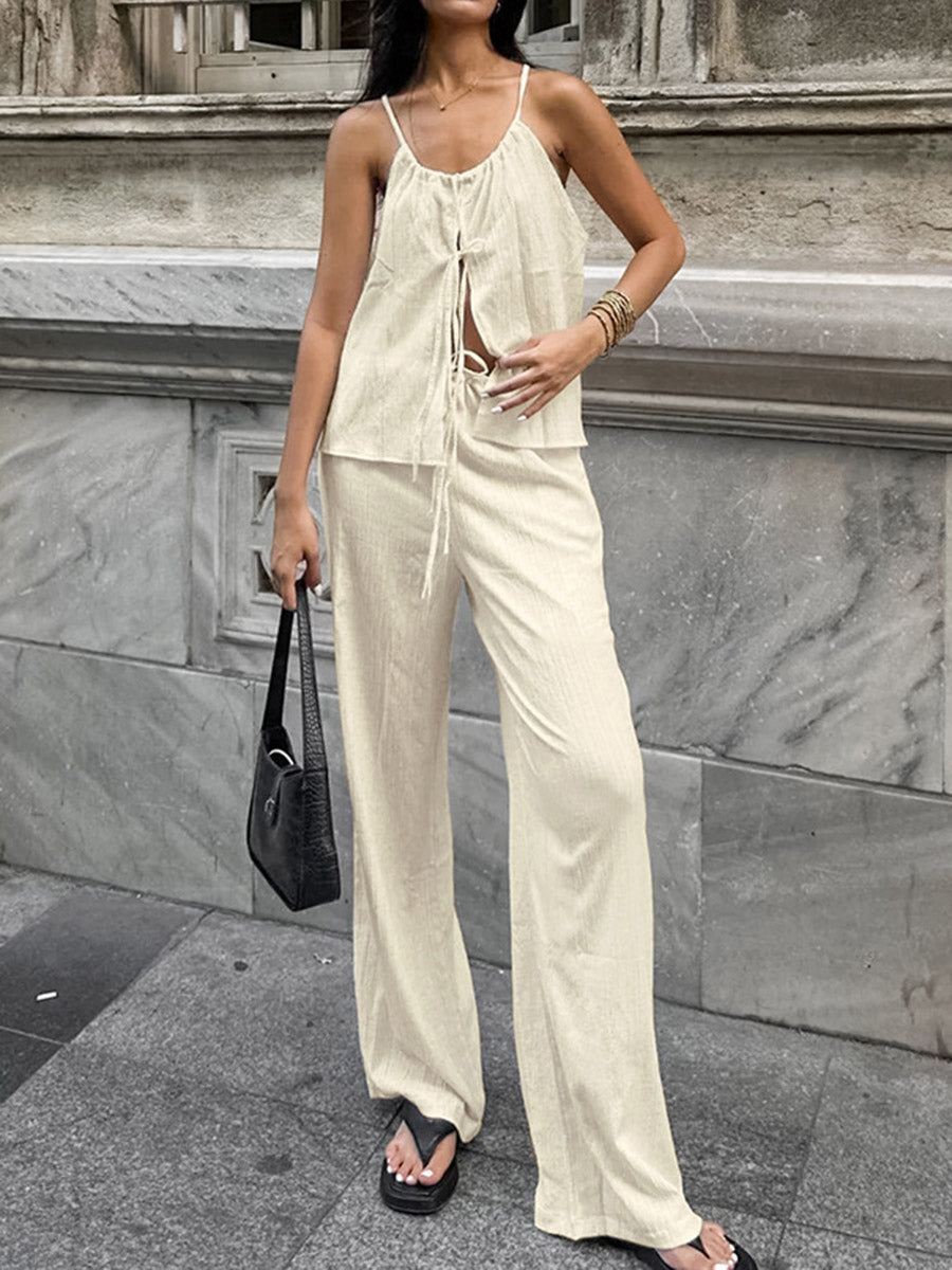 Solid Color Halter-Neck Cropped Pleated Split-Joint Tank Top + High Waisted Elasticity  Tied Waist Pants Trousers Two Pieces Set