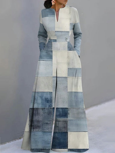 Long Sleeves Loose Printed V-Neck Jumpsuits