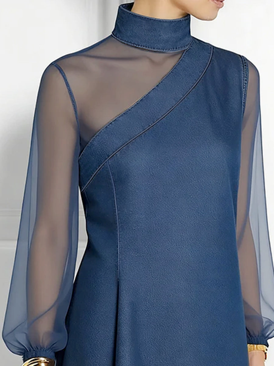 Long Sleeves Puff Sleeves Asymmetric Mesh Split-Joint Mock Neck Blouses&Shirts Tops