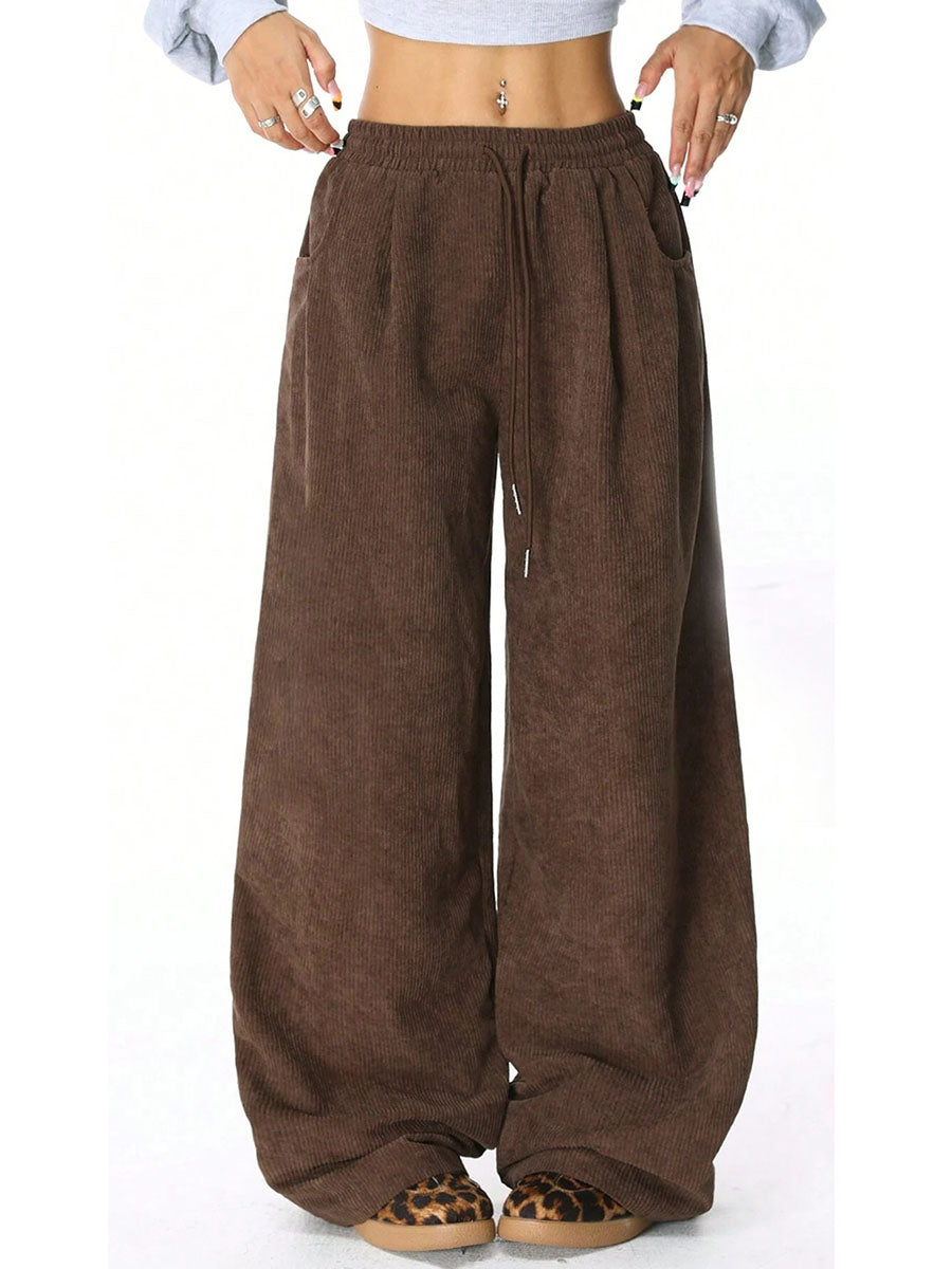 High Waisted Wide Leg Drawstring Elasticity Pockets Solid Color Pants Trousers