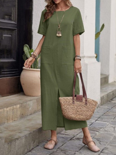 High Waisted Loose Pockets Solid Color Split-front Round-neck Midi Dresses