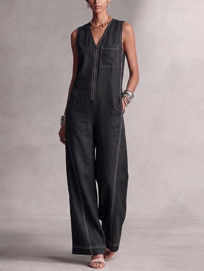 High Waisted Sleeveless Contrast Color Pockets Zipper V-Neck Jumpsuits