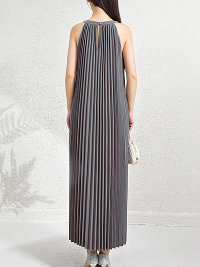 Loose Sleeveless Hollow Pleated Pockets Solid Color Halter-Neck Maxi Dresses