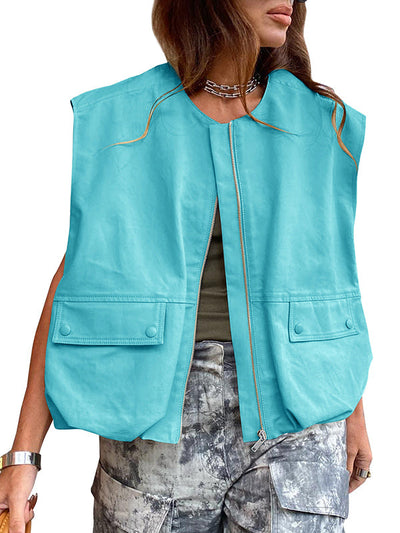 Loose Sleeveless Pockets Split-Joint Zipper Round-Neck Vest Outerwear