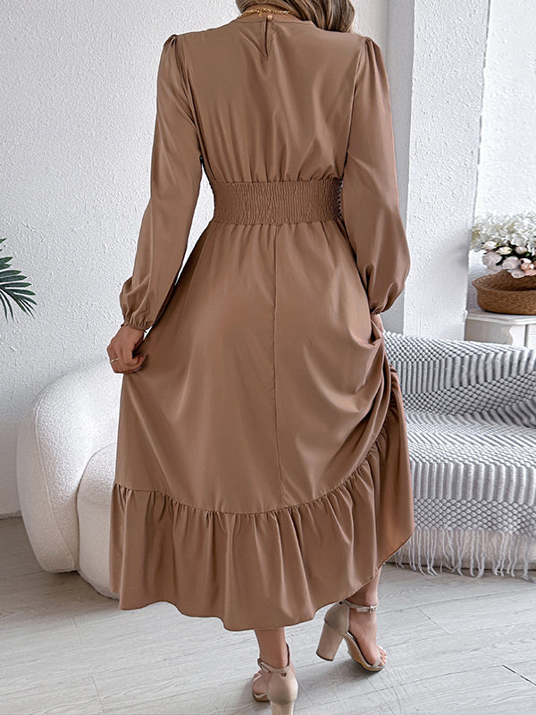 A-Line Elasticated Waist Pleated Solid Color Round-Neck Maxi Dresses