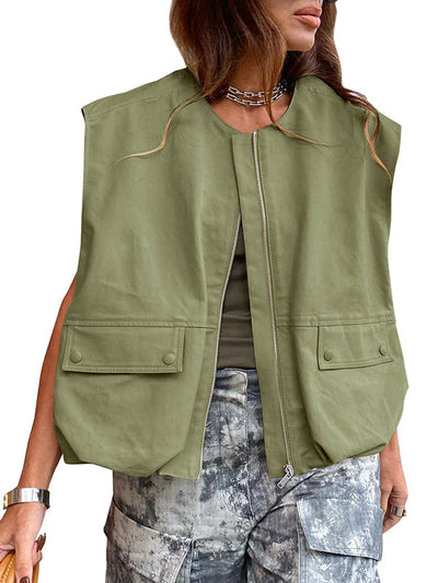 Loose Sleeveless Pockets Split-Joint Zipper Round-Neck Vest Outerwear