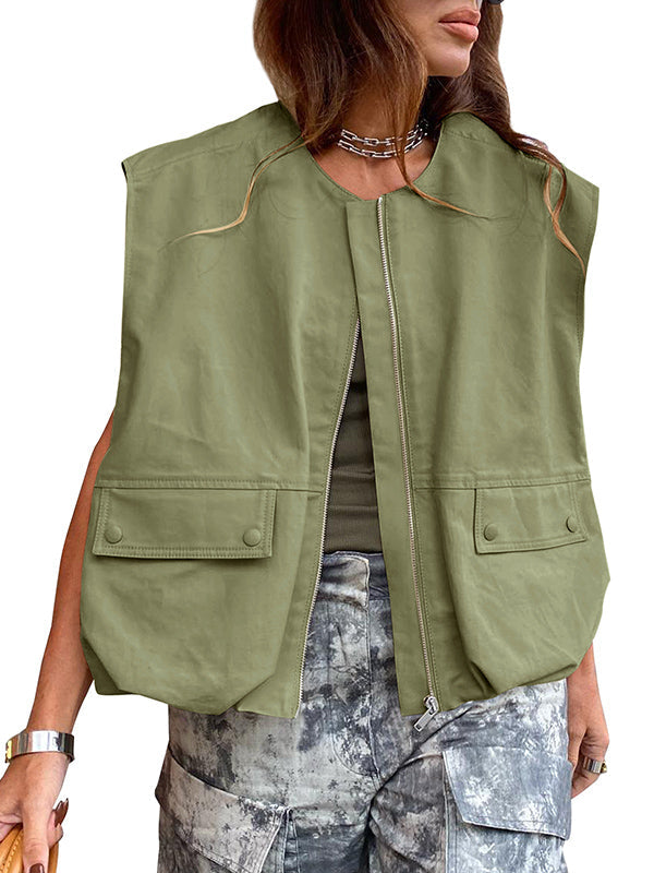 Loose Sleeveless Pockets Split-Joint Zipper Round-Neck Vest Outerwear