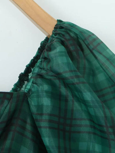 A-Line High Waisted Plaid Pleated Square-Neck Mini Dresses