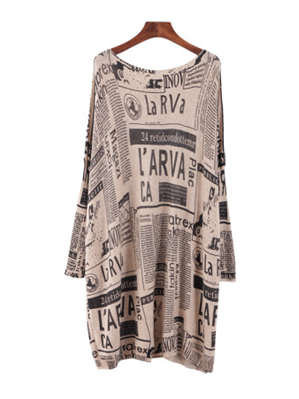 Vintage Loose One-Shoulder Newspaper Printed Split-Joint Sweater