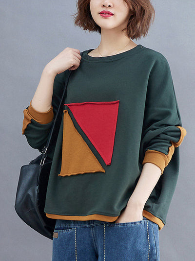 Artistic Retro Loose Triangle Applique Contrast Color Round-Neck Long Raglan Sleeves Sweatshirt