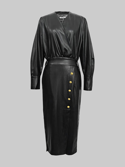 Long Sleeves Puff Sleeves Buttoned Pleated Solid Color V-Neck Midi Dresses