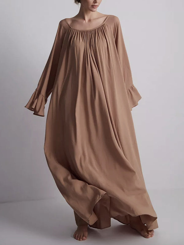 A-Line Flared Sleeves Pleated Solid Color Split-Joint Round-Neck Maxi Dresses