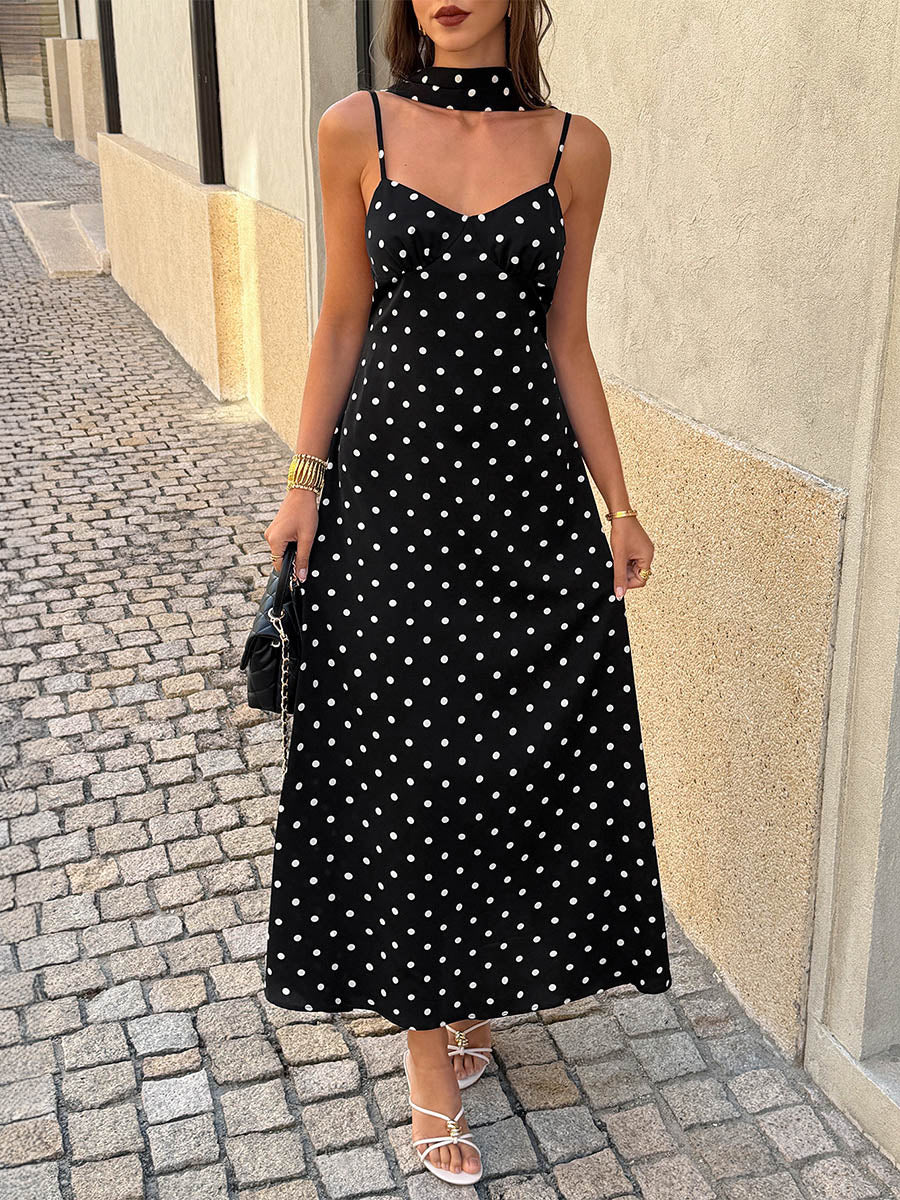 A-Line High Waisted Backless Contrast Color Polka-Dot Split-Joint Halter-Neck Midi Dresses