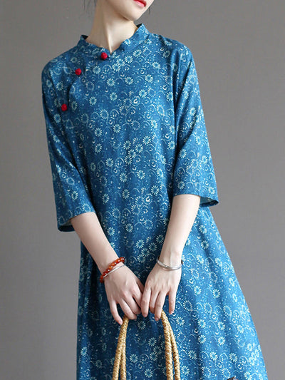 Original Solid Floral Stand Collar Midi Dress