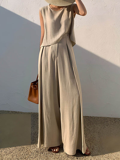 Loose Short Sleeves Hollow Solid Color Split-Joint Round-Neck Vest Top