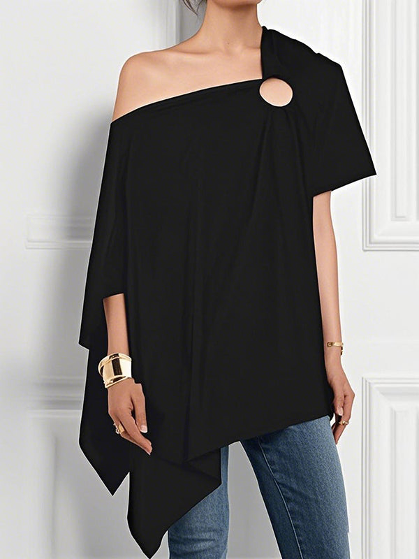 Loose Short Sleeves Asymmetric Hollow Solid Color One-Shoulder Blouses&Shirts Tops