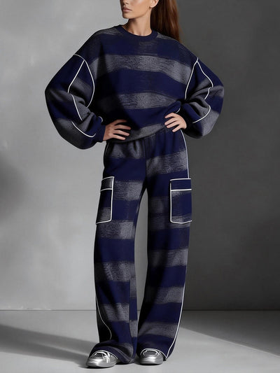 Loose Wide Leg Contrast Color Line Pockets Split-Joint Striped Pants