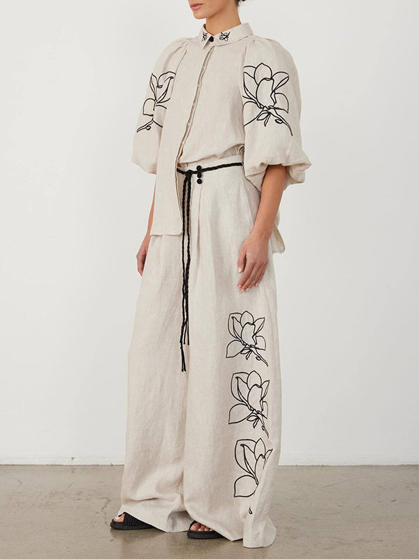 Loose Puff Sleeves Pleated Printed Split-Joint Lapel Blouses&Shirts Tops