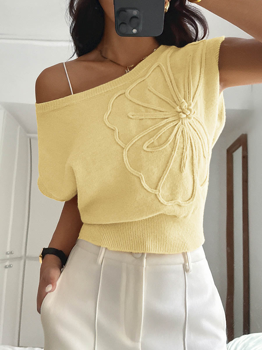 Short Sleeves Flower-Embellished Solid Color Split-Joint One-Shoulder Sweater Tops
