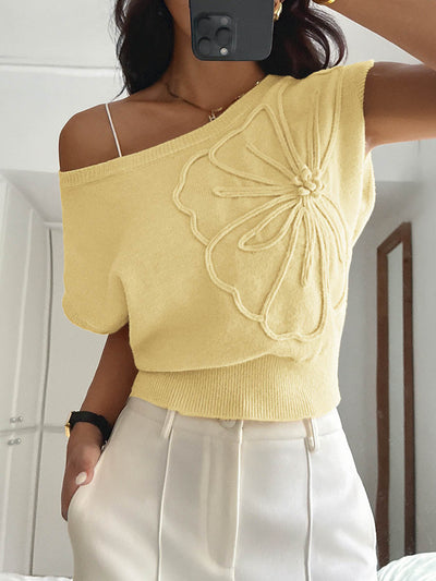 Short Sleeves Flower-Embellished Solid Color Split-Joint One-Shoulder Sweater Tops
