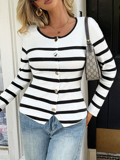 Long Sleeves Skinny Buttoned Contrast Color Split-Joint Striped Round-Neck Cardigan Tops Outerwear