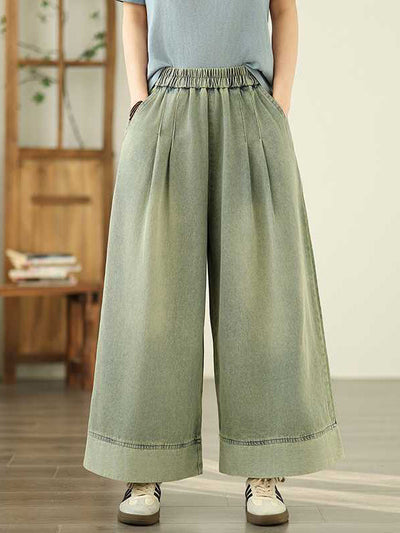 Loose Wide Leg Elasticity Pleated Pockets Jean Pants Bottoms Trousers