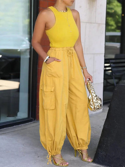 Loose Drawstring Elasticity Pockets Solid Color Casual Pants Bottoms Cropped Trousers Trousers