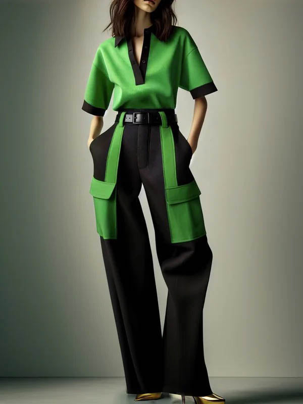 Half Sleeves Loose Contrast Color No Belt Pockets Split-Joint V-Neck Casual Pants Bottoms Trousers