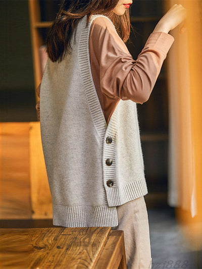Casual Sleeveless Loose Solid Color Round-Neck Knitting Vest Outerwear
