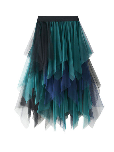 Urban Green Blue Contrast Color Irregular A-Line Gauze Skirts