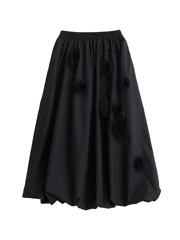 Loose Flower-Embellished Elastics Solid Color Skirts Bottoms