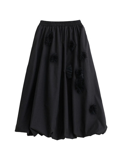 Loose Flower-Embellished Elastics Solid Color Skirts Bottoms