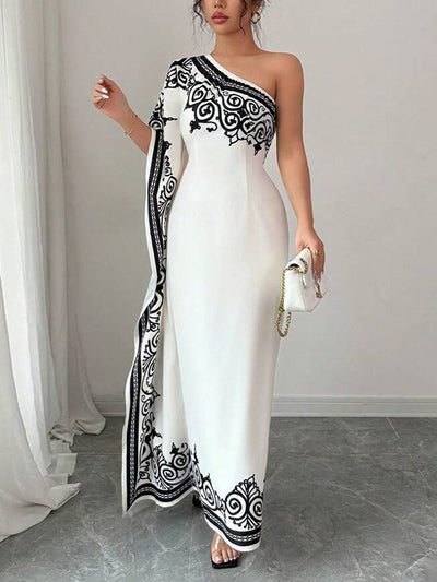 Batwing Sleeves Loose Asymmetric Elasticity Flower Print Pleated One-Shoulder Maxi Dresses