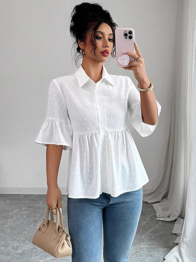 A-Line Flared Sleeves Buttoned Jacquard Pleated Solid Color Lapel Blouses&Shirts Tops