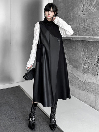 Irregularity Loose Asymmetric Buttoned Solid Color Split-Joint High Neck Midi Dresses