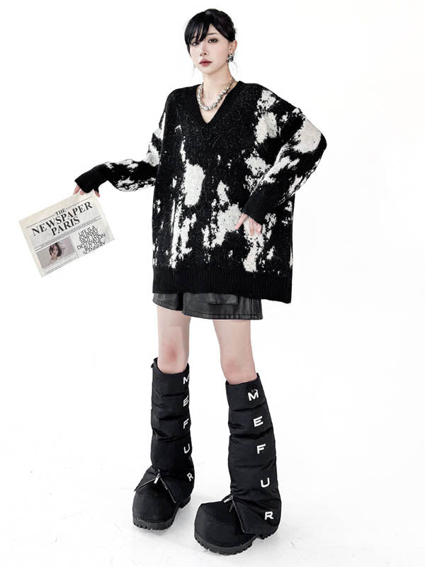 Long Sleeves Loose Abstract Printed Contrast Color Ribs Split-Joint V-Neck Sweater Tops