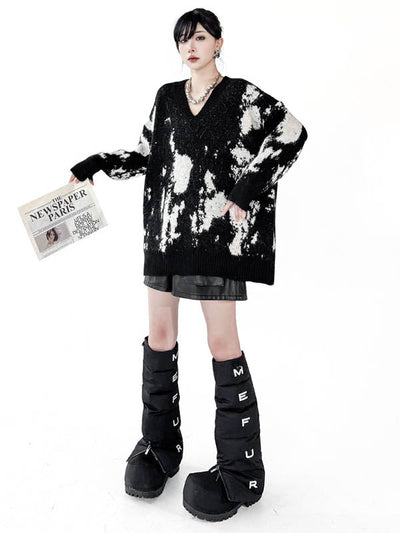 Long Sleeves Loose Abstract Printed Contrast Color Ribs Split-Joint V-Neck Sweater Tops