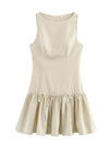 A-Line Loose Pleated Solid Color Split-Joint Zipper Round-Neck Mini Dresses