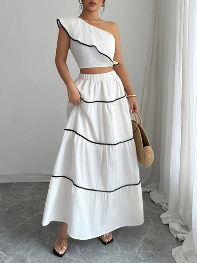 Sleeveless Elasticity Pleated One-Shoulder Vest Top + A-Line Skirts Bottom Two Pieces Set