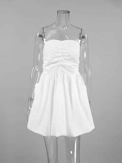 A-Line High Waisted Elasticity Pleated Pockets Solid Color Tube Mini Dresses